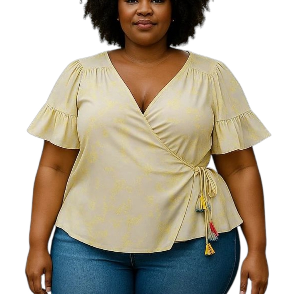Melissa McCarthy Grey/Lemon Wrap Blouse with Ruffled Sleeve Size 2X
